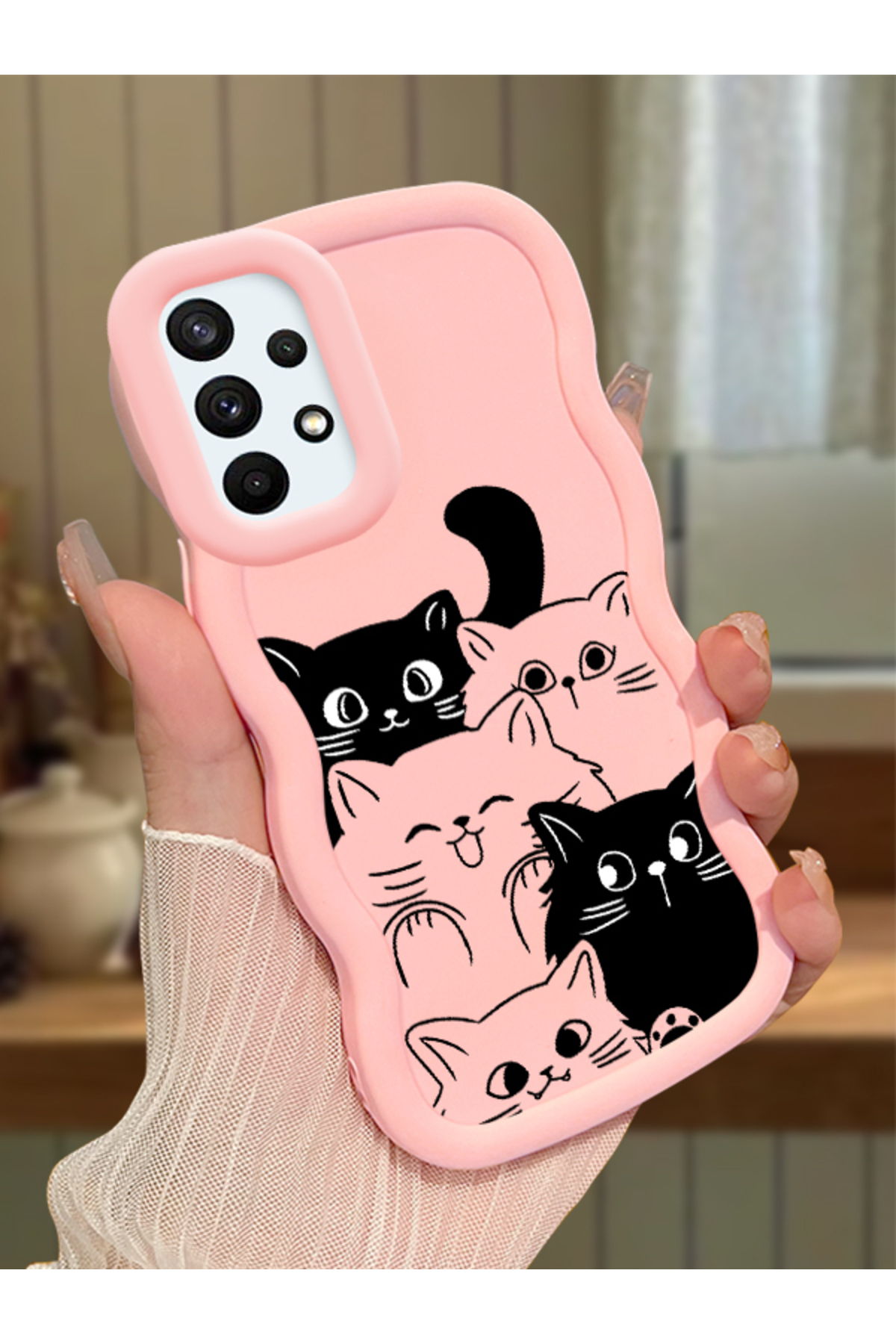 Samsung Galaxy A73 Compatible Pink Silicone Case Camera Shock Absorbing Design with Cat Pattern