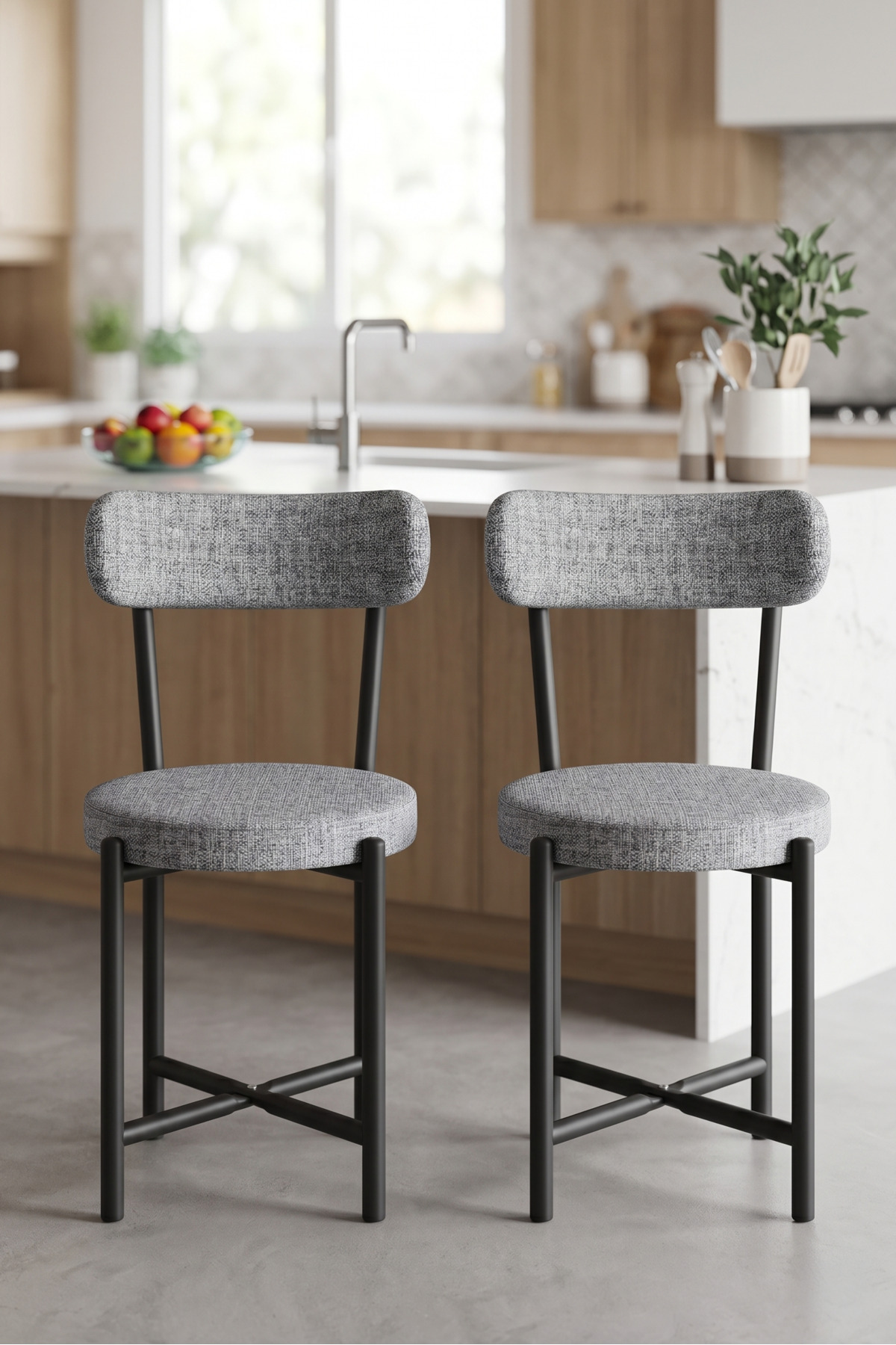Sandalye 2 Adet Keten Kumaş Metal Ayak Modern Mutfak Sandalyesi Cafe Balkon Ofis Teddy 9812 Gri
