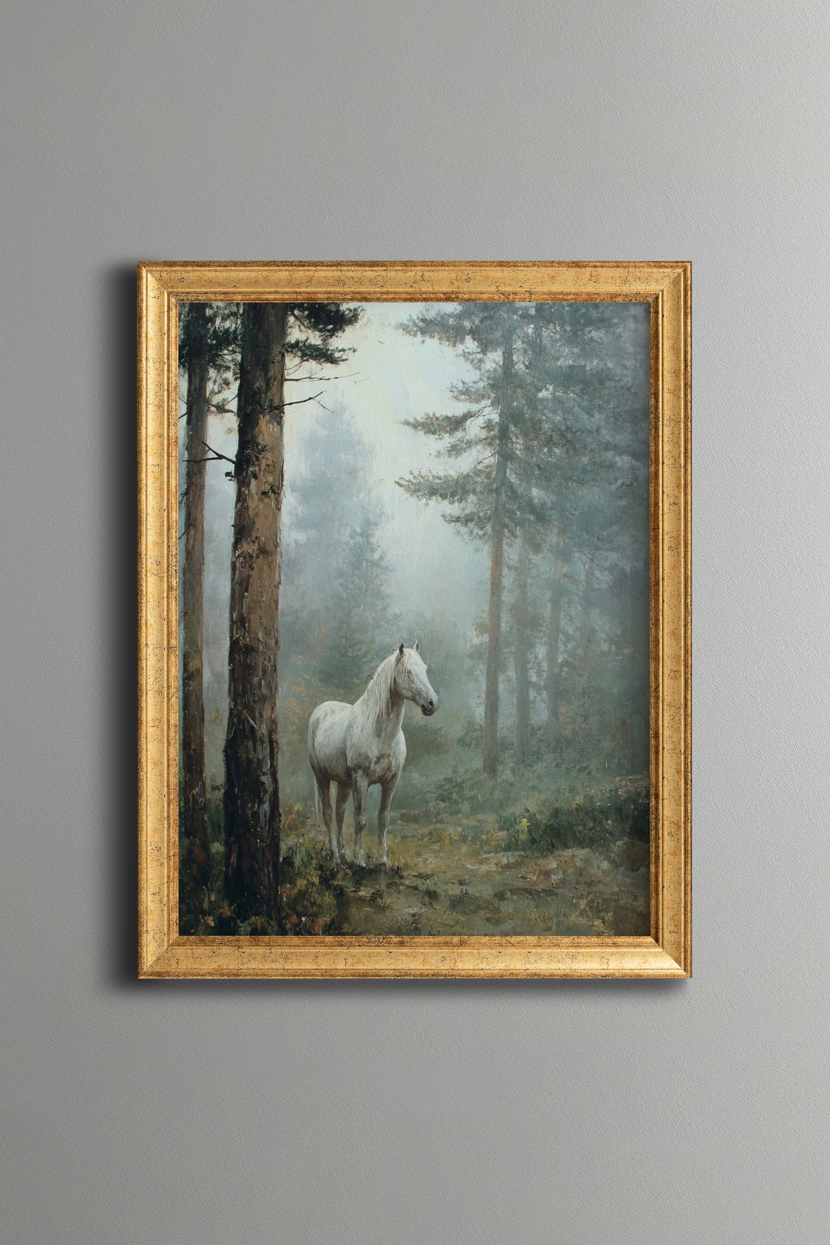 White Horse in the Misty Forest - Vintage Patterned Frame - Slim Model