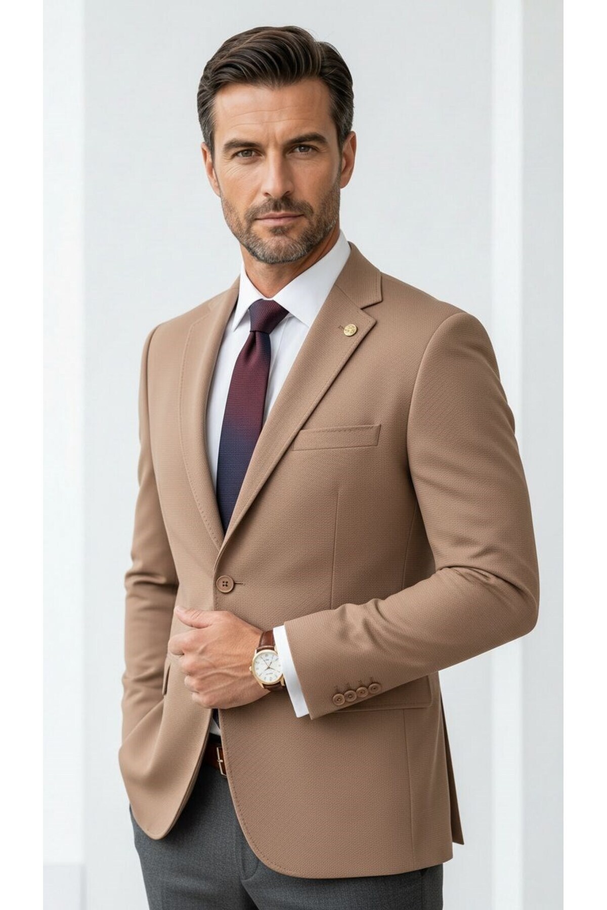 Plus Scorpion Erkek Slim Fit Çift Düğme Çift Yırtmaçlı Blazer Ceket, Premium Dokulu Kumaş görsel 3