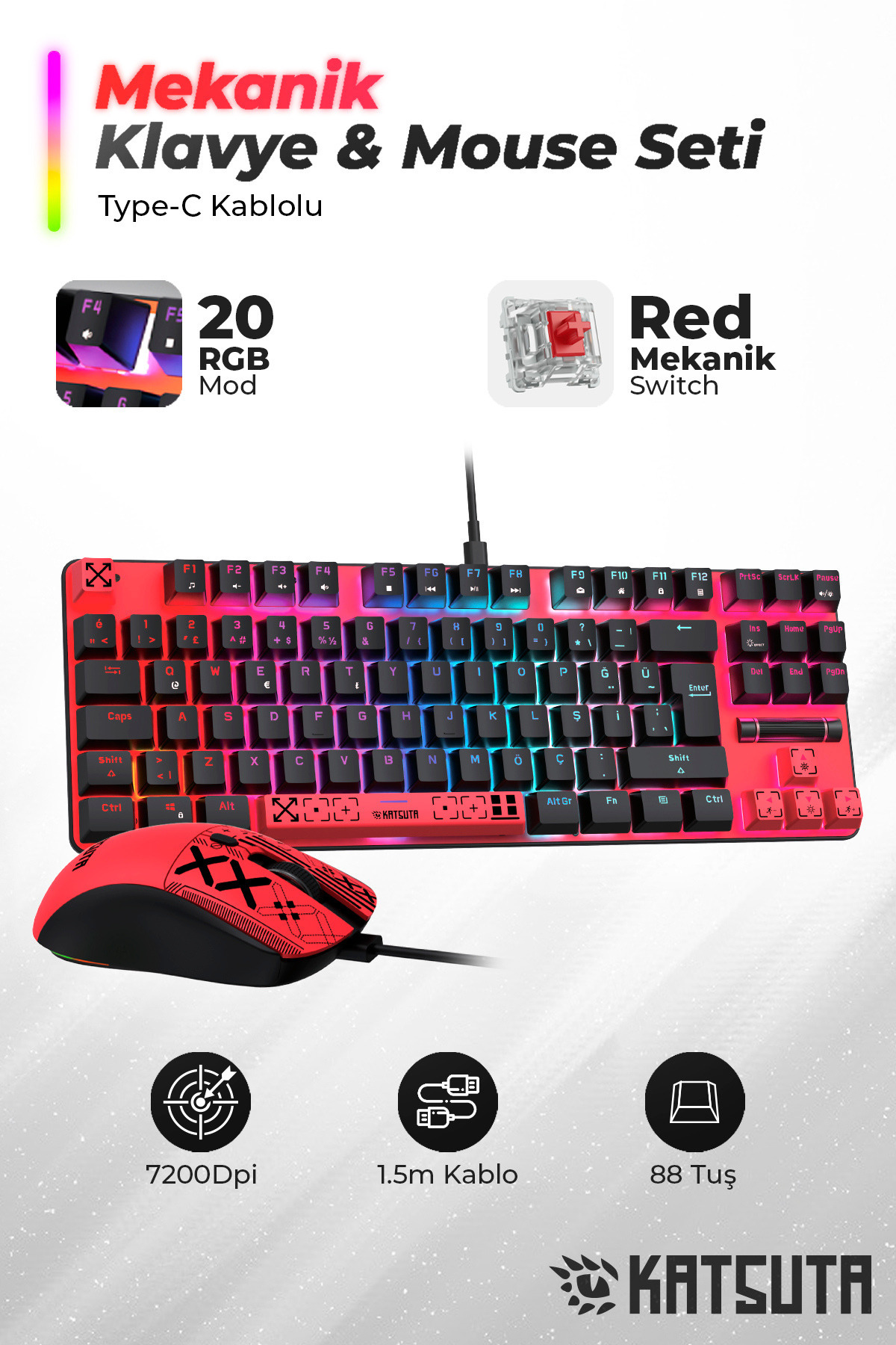 Katsuta Red Switch Mekanik Oyuncu Klavye & Mouse Seti 7200Dpi 20