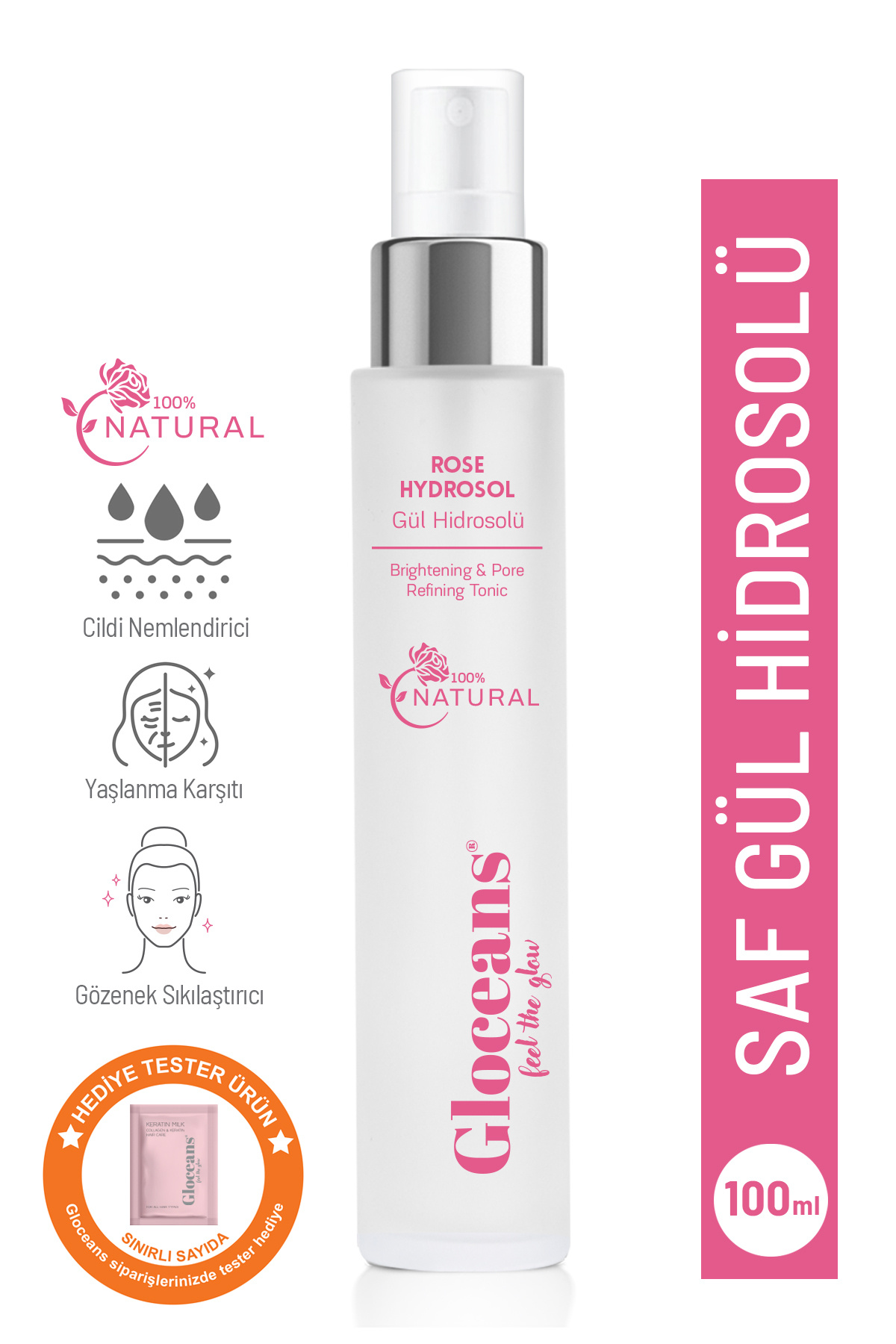 gloceans feel the glow Gül Suyu Gözenek Sıkılaştırıcı Aydınlatıcı Ve Arındırıcı Tonik %100 Doğal Ve Saf 100 ml — GLO-GS-GS001