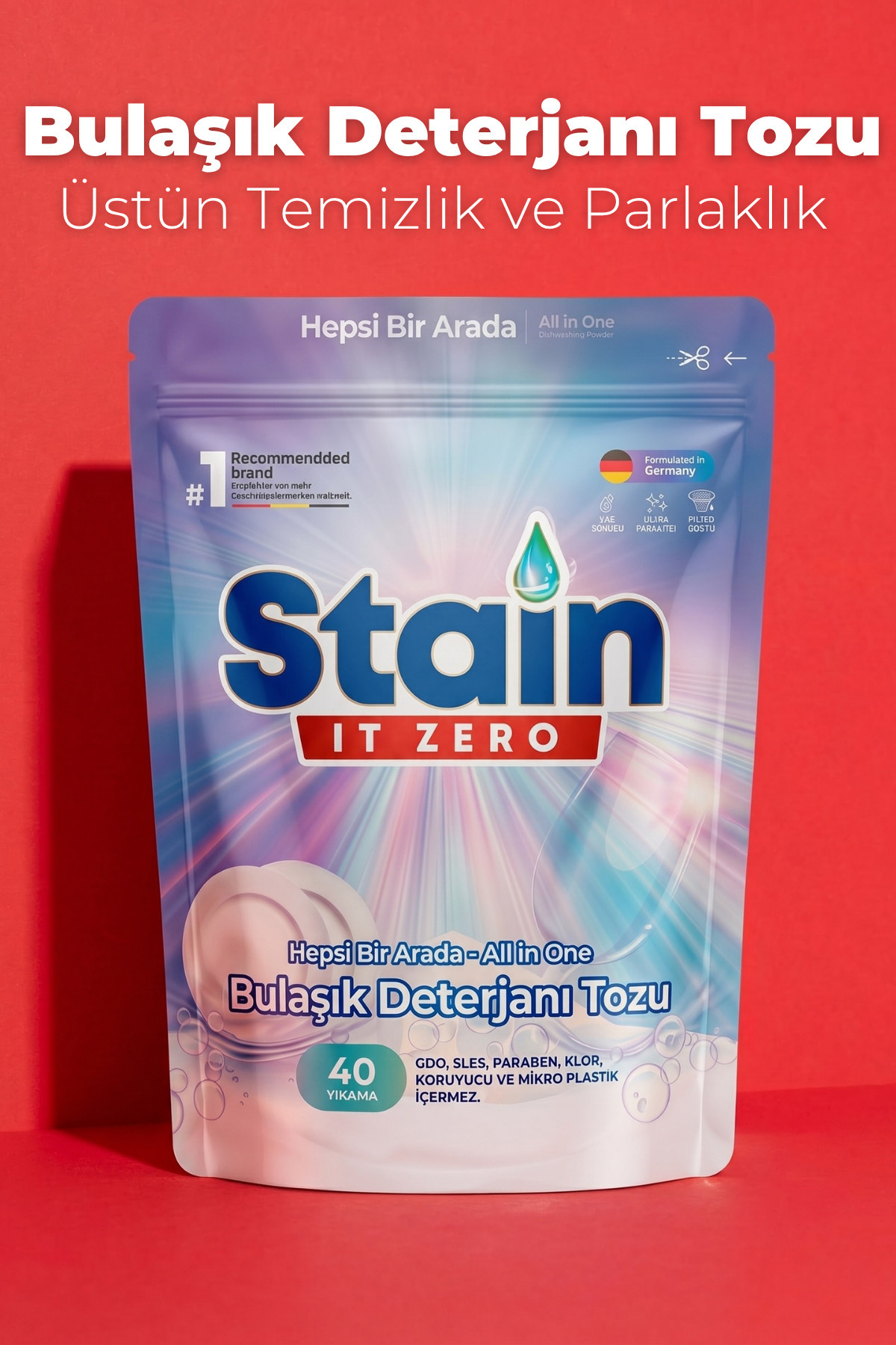 Stain İt Zero Hepsi Bir Arada Toz Bulaşık Makinesi Deterjanı & Güçlü Temizlik Üstün Parlaklık40 Yıkama