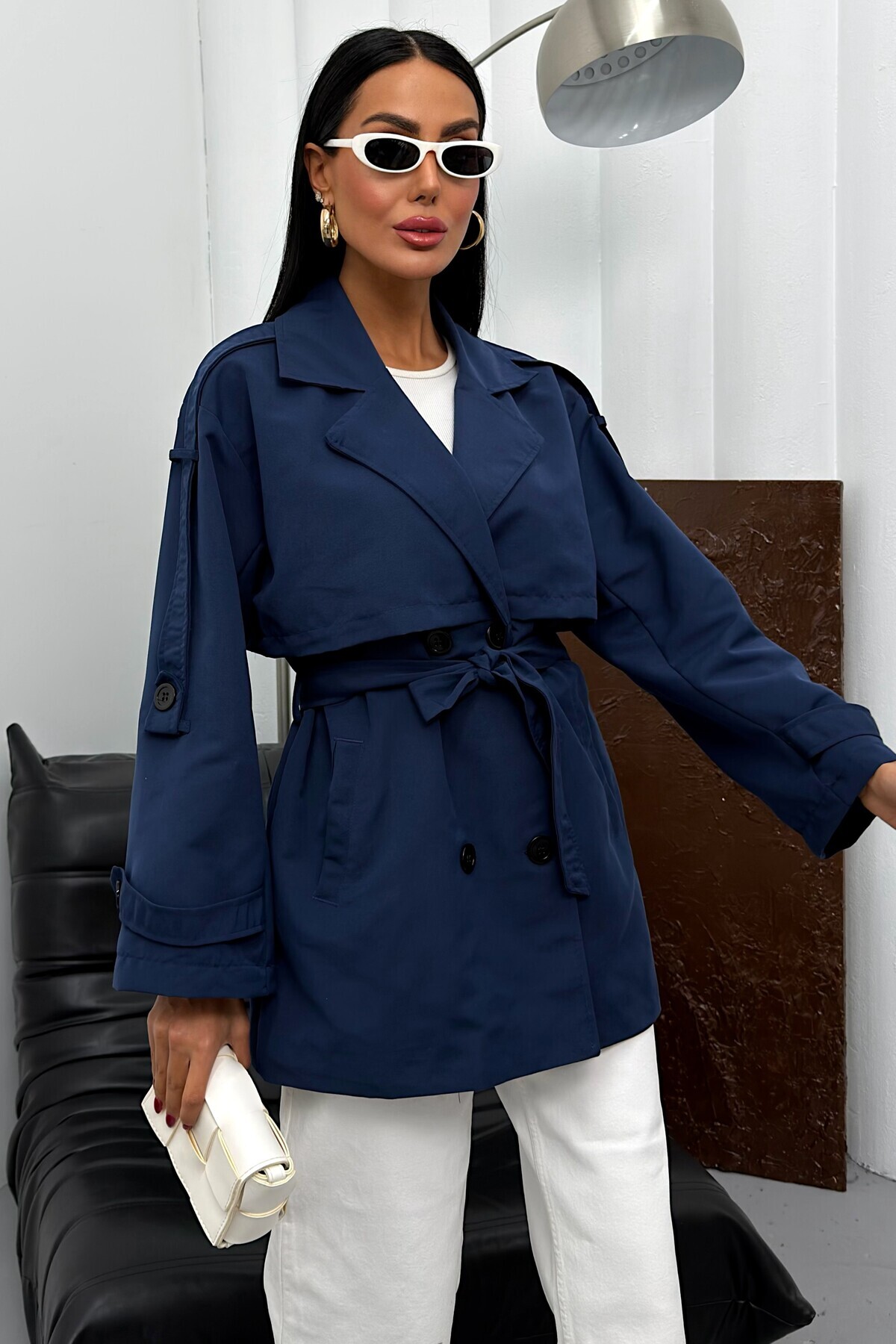 Women's Seasonal Linen Trench Coat - Buttoned Belted Wrap Collar Short Trench Coat