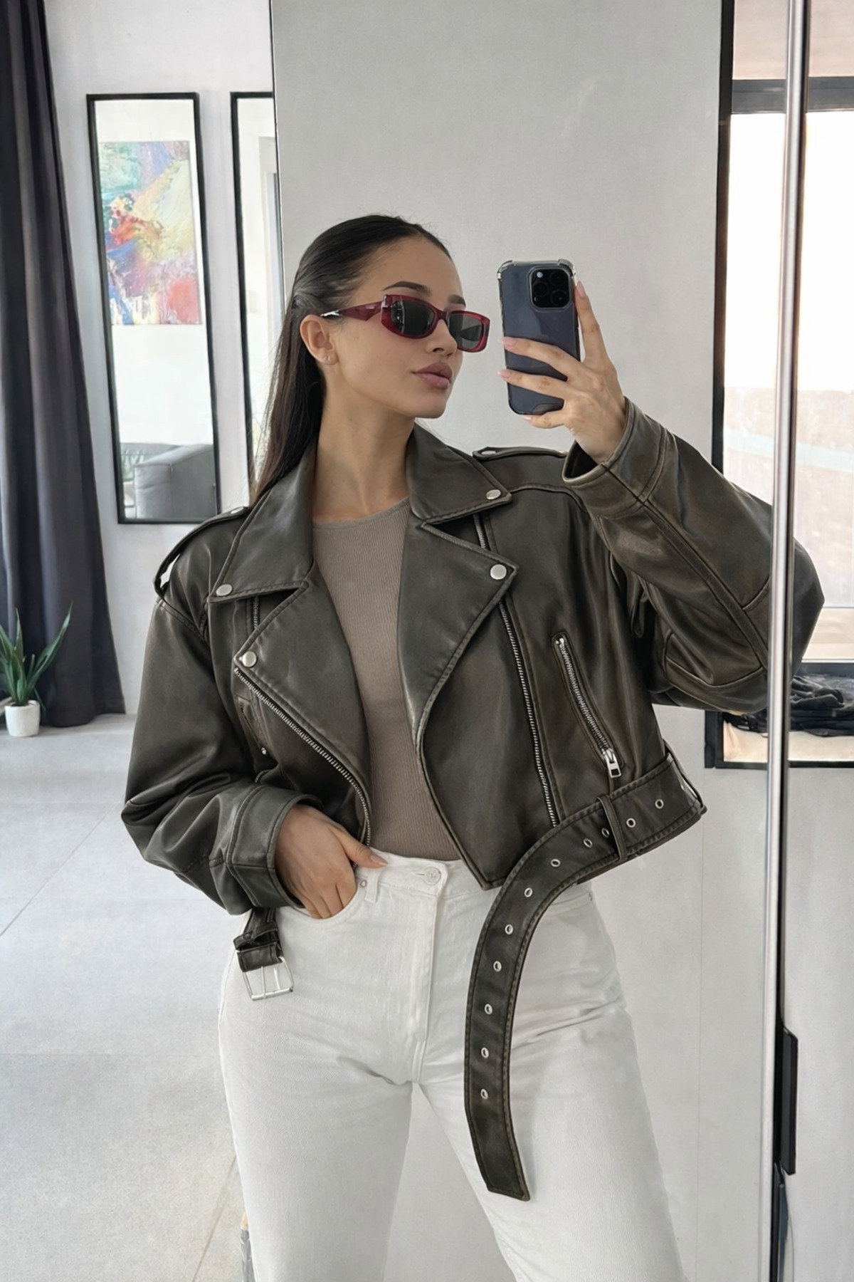 Ekim Store  Haki Kemerli Oversize Crop Deri Ceket - Görsel 5