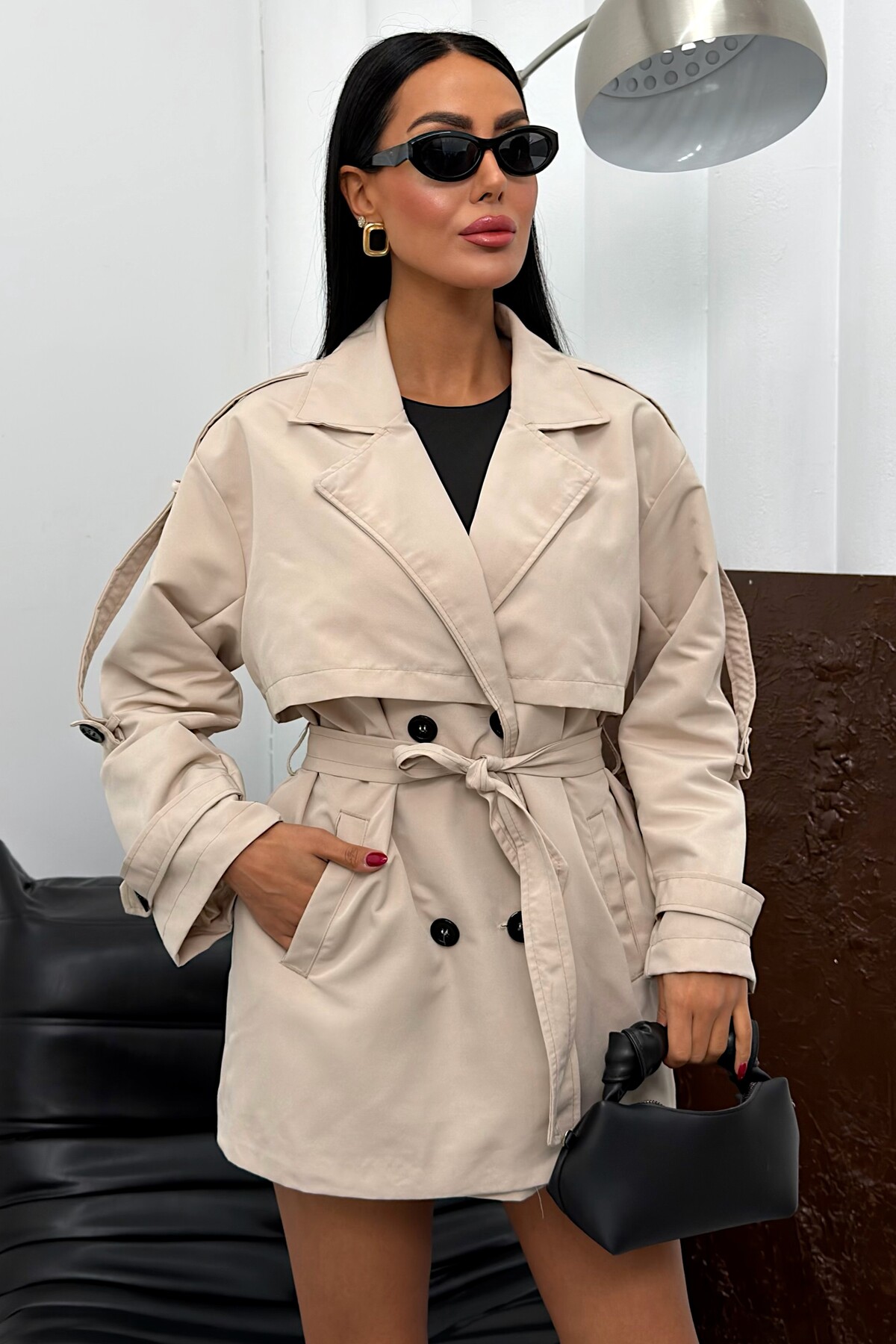 Women's Seasonal Linen Trench Coat - Buttoned Belted Wrap Collar Short Trench Coat