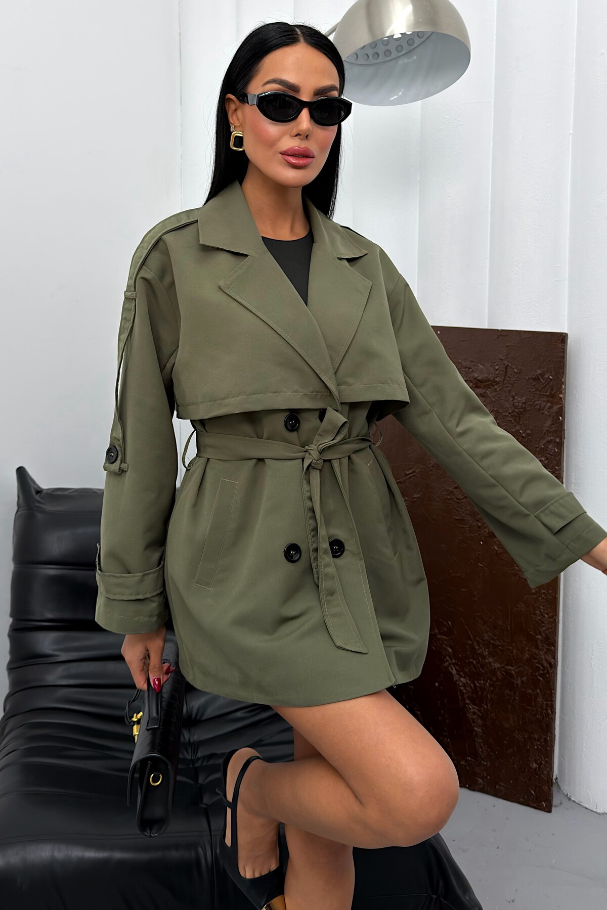 Women's Seasonal Linen Trench Coat - Buttoned Belted Wrap Collar Short Trench Coat
