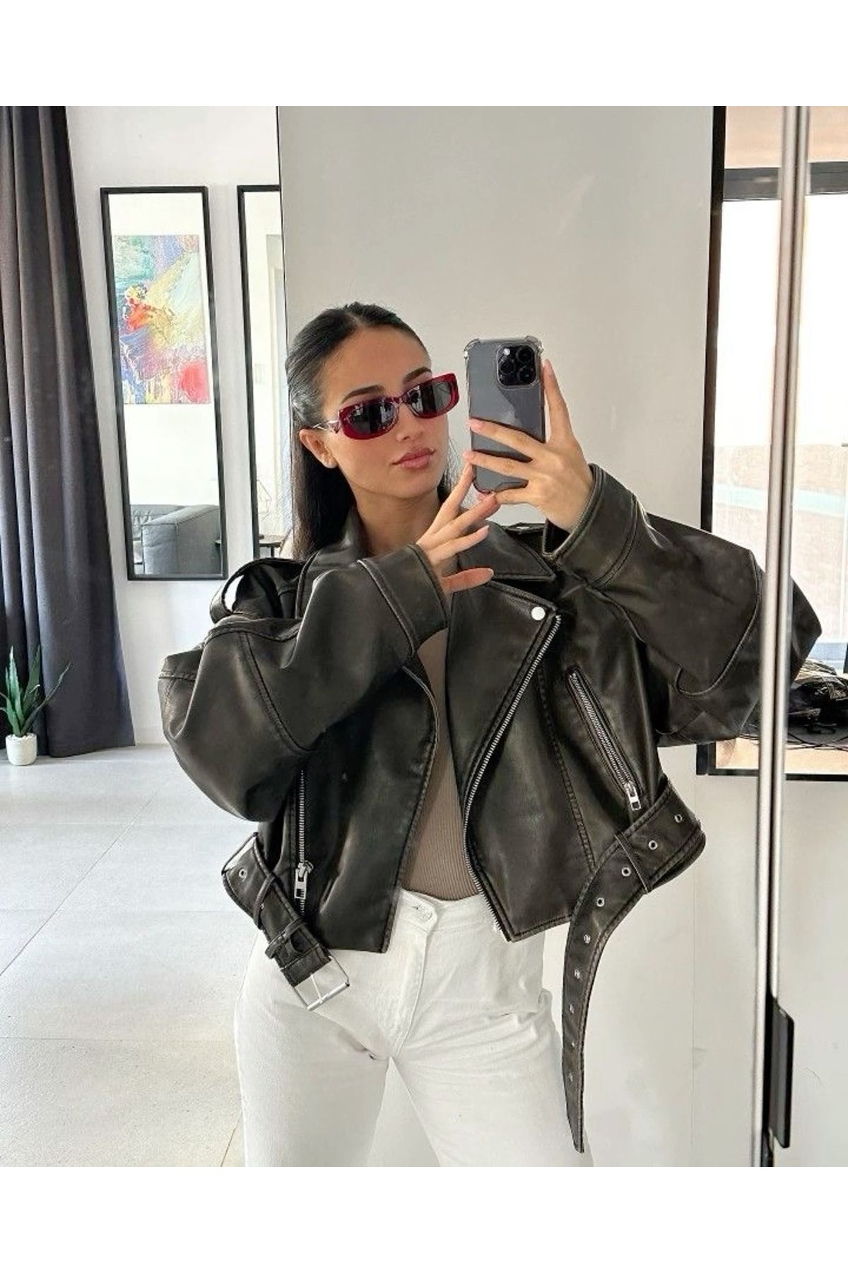Ekim Store  Haki Kemerli Oversize Crop Deri Ceket