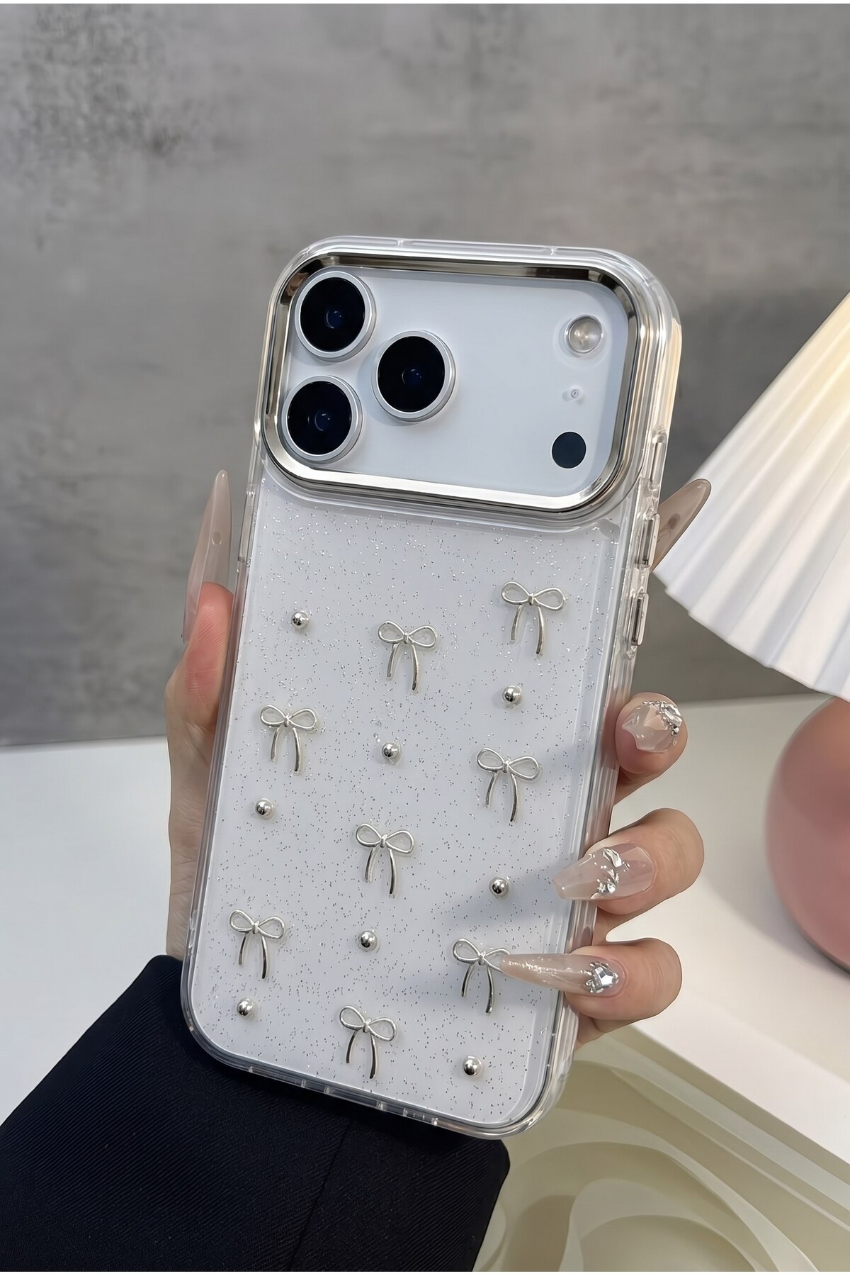 iPhone 17 Pro Compatible Bow Pattern Transparent Case Glitter Shockproof Cover