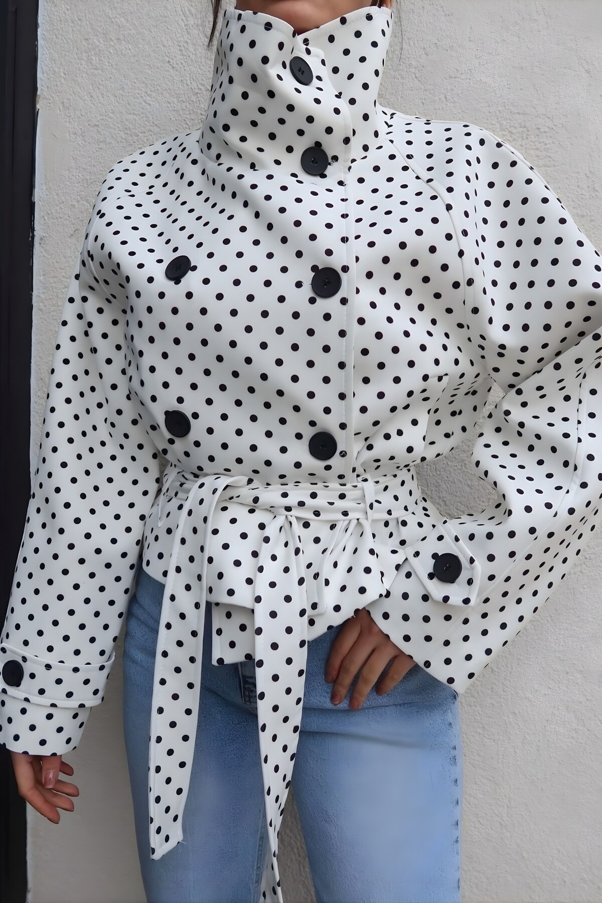 moda armanc Kadın Puantiye Desenli Kuşaklı Trençkot Ceket Dik Yaka Yeni Sezon Viral Ceket