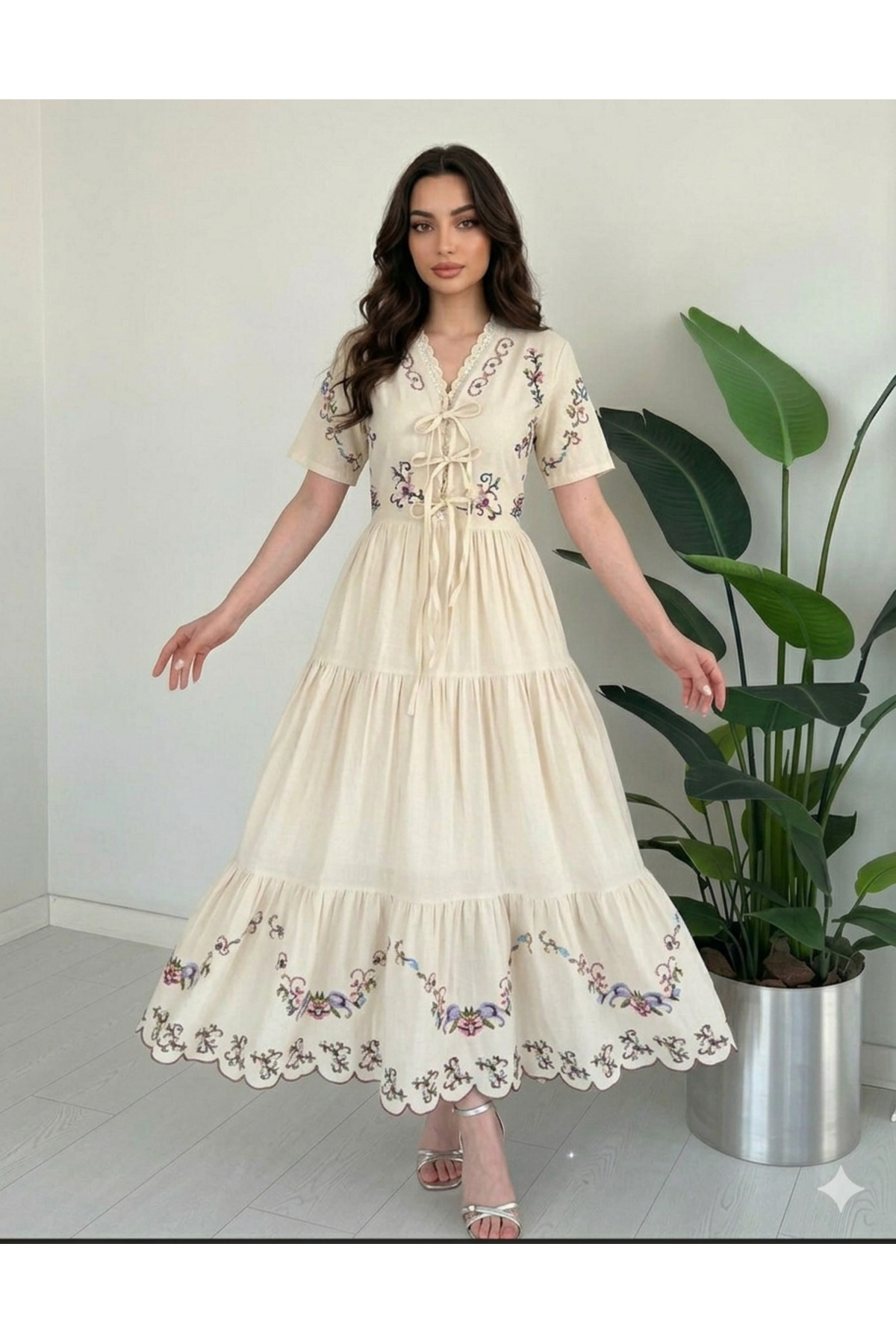 Generic Brands Women's Etamin Embroidered Linen Dress with Elastic Waist
