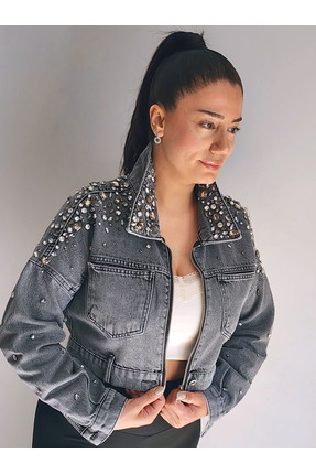 RENGARENG Kadın Tasarım Denim Ceket Taş ve İşleme Detaylı Gri Crop Kalıp Kot ...