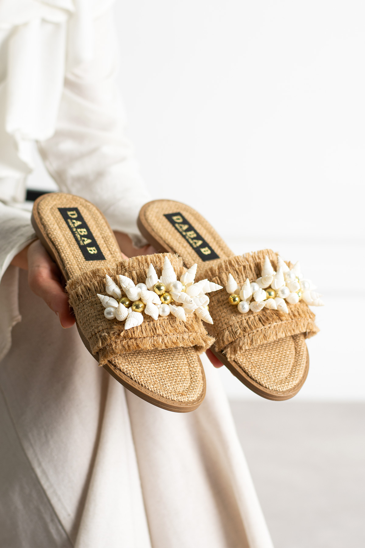 dabab shoes Shella Women's Beige Straw Textured Flat Sole Open Toe Slippers with Shell and Pearl Detail