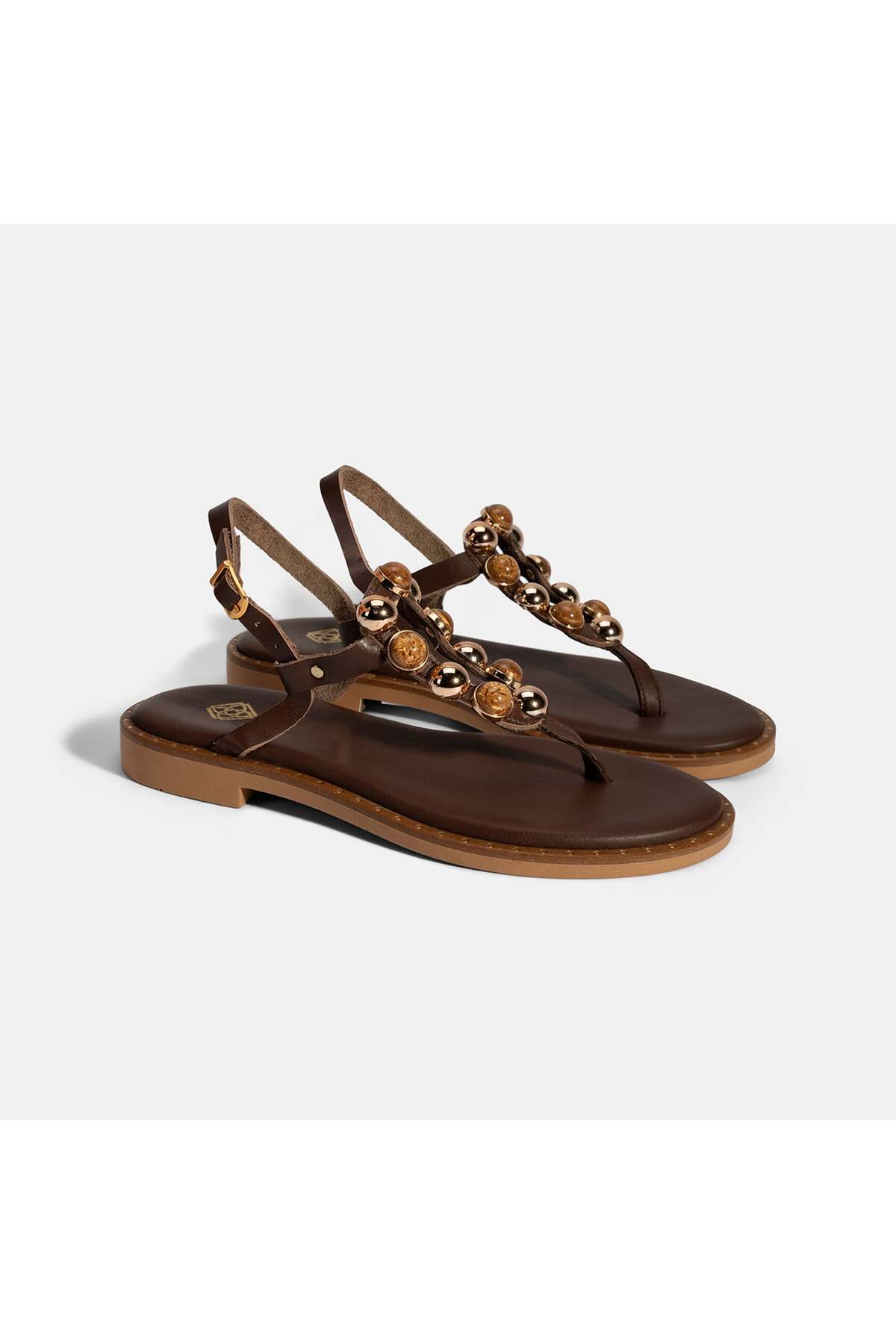 Women's Leather Flip-Flops with Coffee Beads Accessory