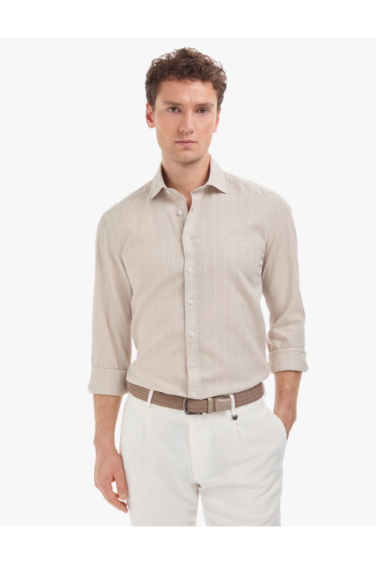 Pierre Cardin Bej Keten Karışımlı Regular Fit Çizgili Kısa Kollu Gömlek 50325330-VR011