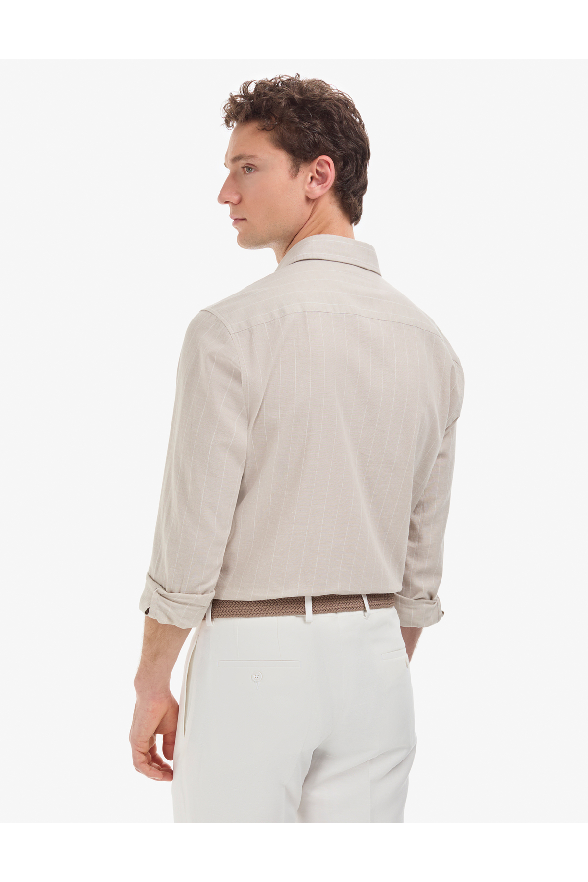 Pierre Cardin Bej Keten Karışımlı Regular Fit Çizgili Kısa Kollu Gömlek 50325330-VR011 görsel 5