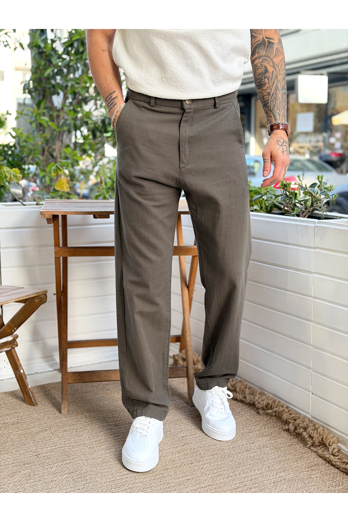 manch collection Regular Kalıp Keten Pantolon Haki