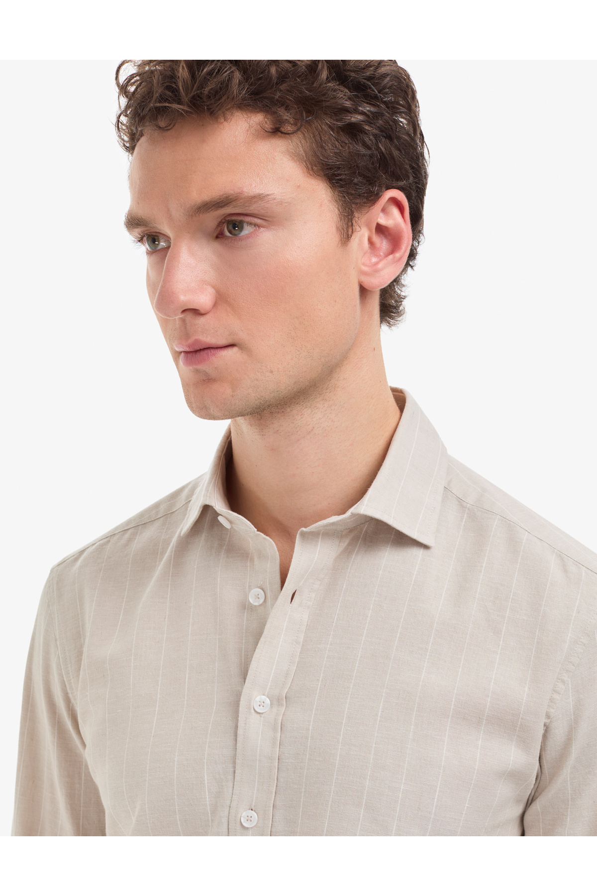 Pierre Cardin Bej Keten Karışımlı Regular Fit Çizgili Kısa Kollu Gömlek 50325330-VR011 görsel 2