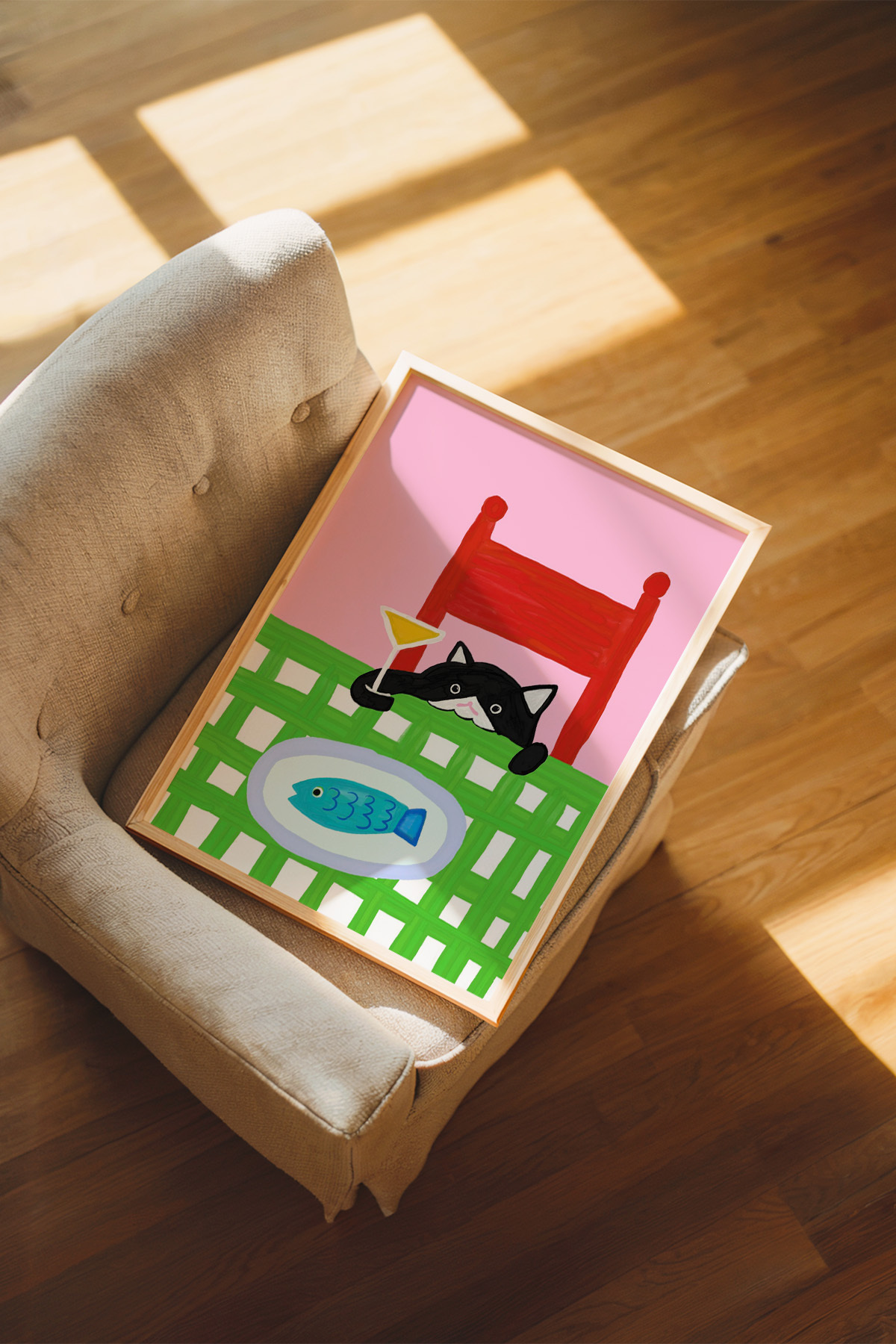 Kedi Temalı Poster Balık ve Martini İllüstrasyon Mutfak Duvar Dekoru Çerçevesiz
