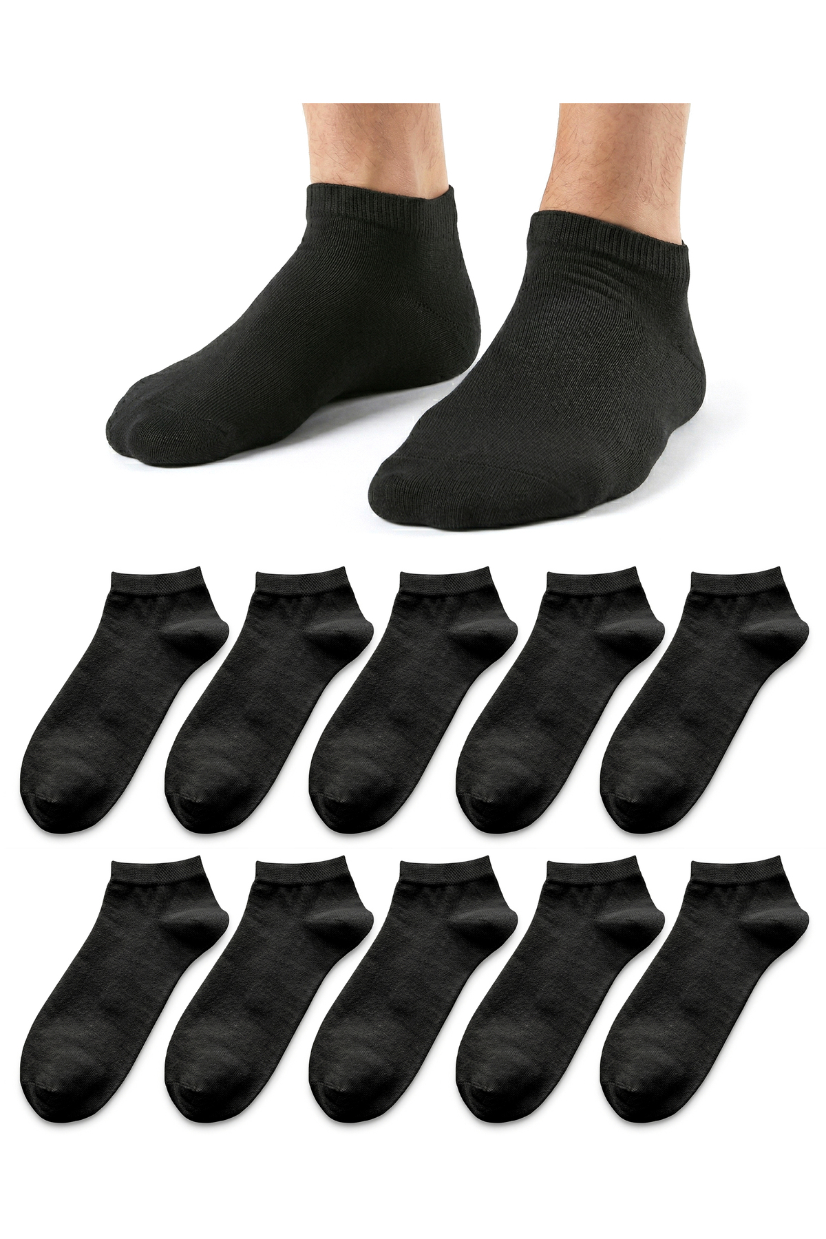 WinWith 10'lu Pamuklu Dikişsiz Düz Klasik Erkek Kadın Siyah Sneaker Çorap, Bilek Boy Kısa Spor Koşu 3007