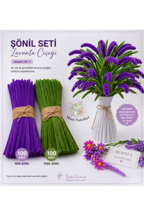 Minii Tuhafiye DIY Şönil Lavanta Çiçeği Yapım Seti - 100 Mor + 100 Yeşil | El...