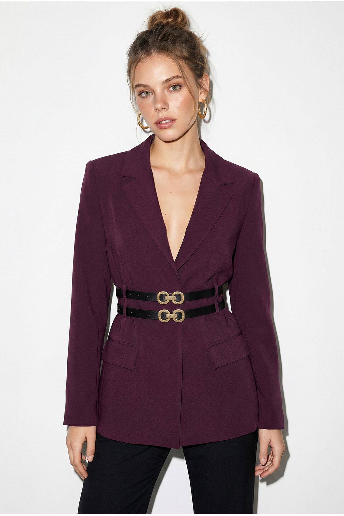 Bianco Lucci Women's Lined Classic Blazer Jacket with Double Belt Detail 8151 60286140