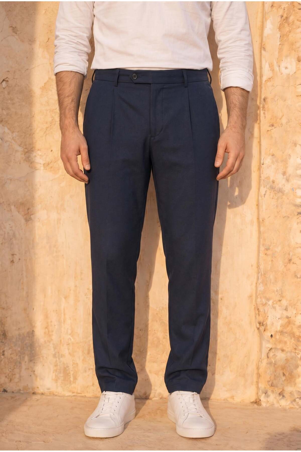 Forner Regular Fit Elastic Waist Belt Detailed Men's Fabric Trousers - Navy Blue
