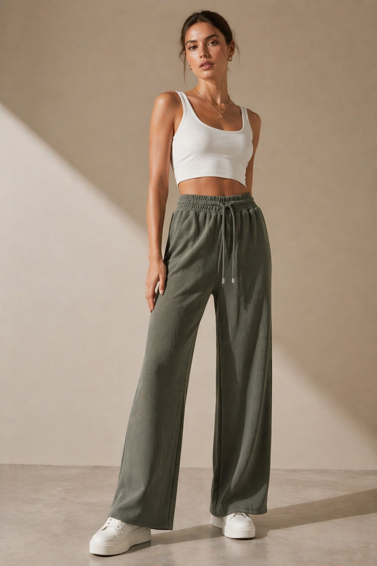 Polo State  Kadın Haki Fitilli Wide Leg Pantolon Lastik Bel Kordonlu - Görsel 3