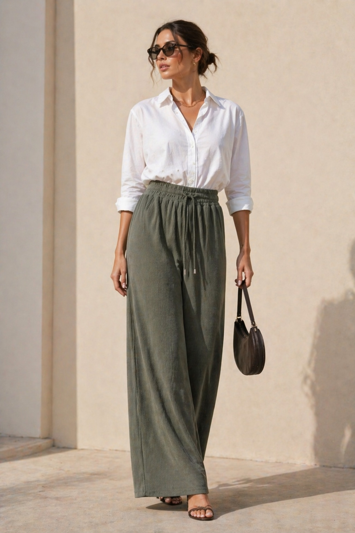 Polo State  Kadın Haki Fitilli Wide Leg Pantolon Lastik Bel Kordonlu