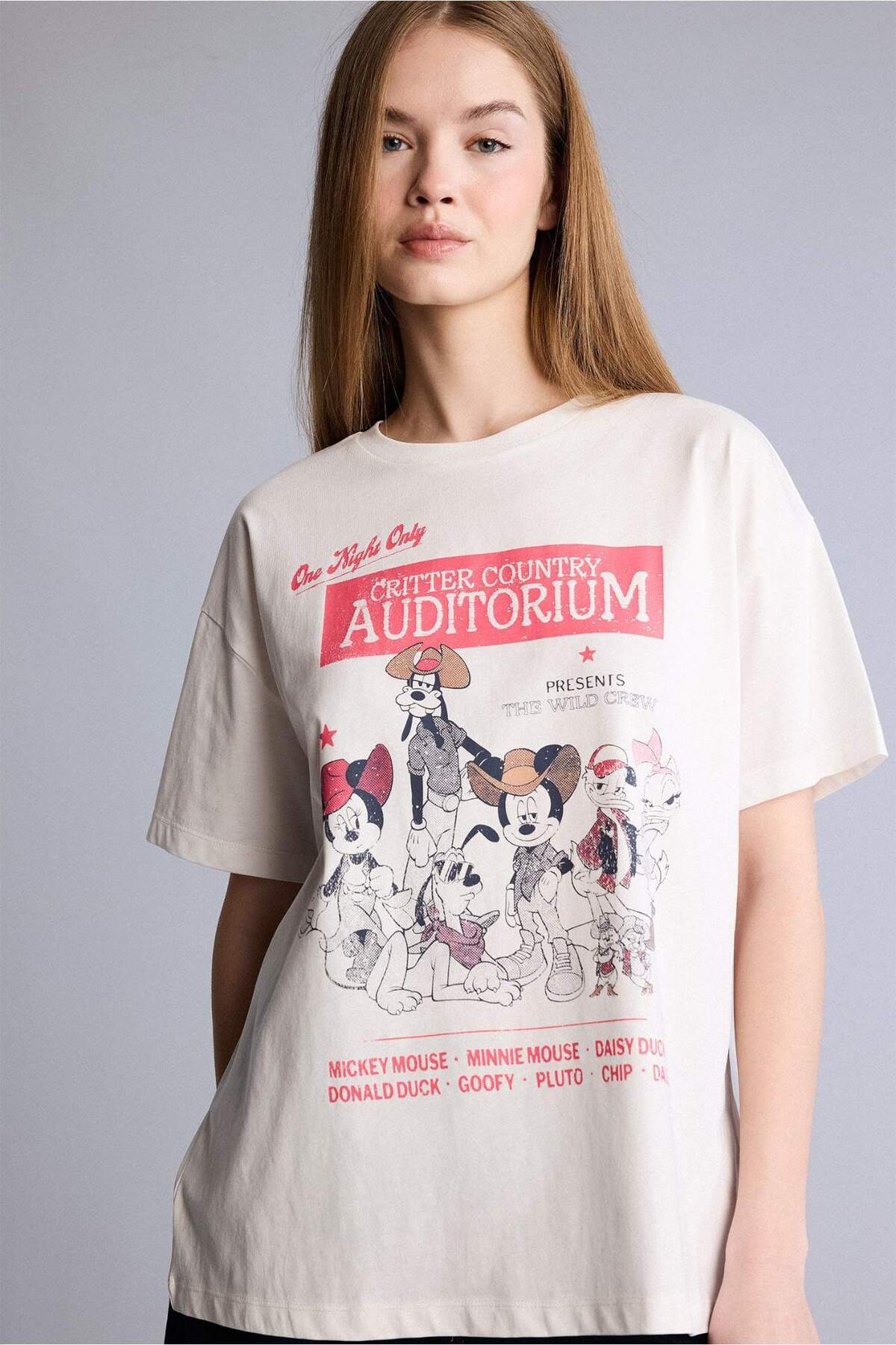 Defacto 100% Cotton Disney Mickey & Minnie Oversized Crew Neck Printed Short Sleeve T-Shirt H6817Ax26Sm