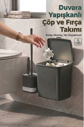 EFFE HOME Banyo Çöp Kovası ve Klozet Fırçası Duvara Yapıştırmalı Antrasit Fırça