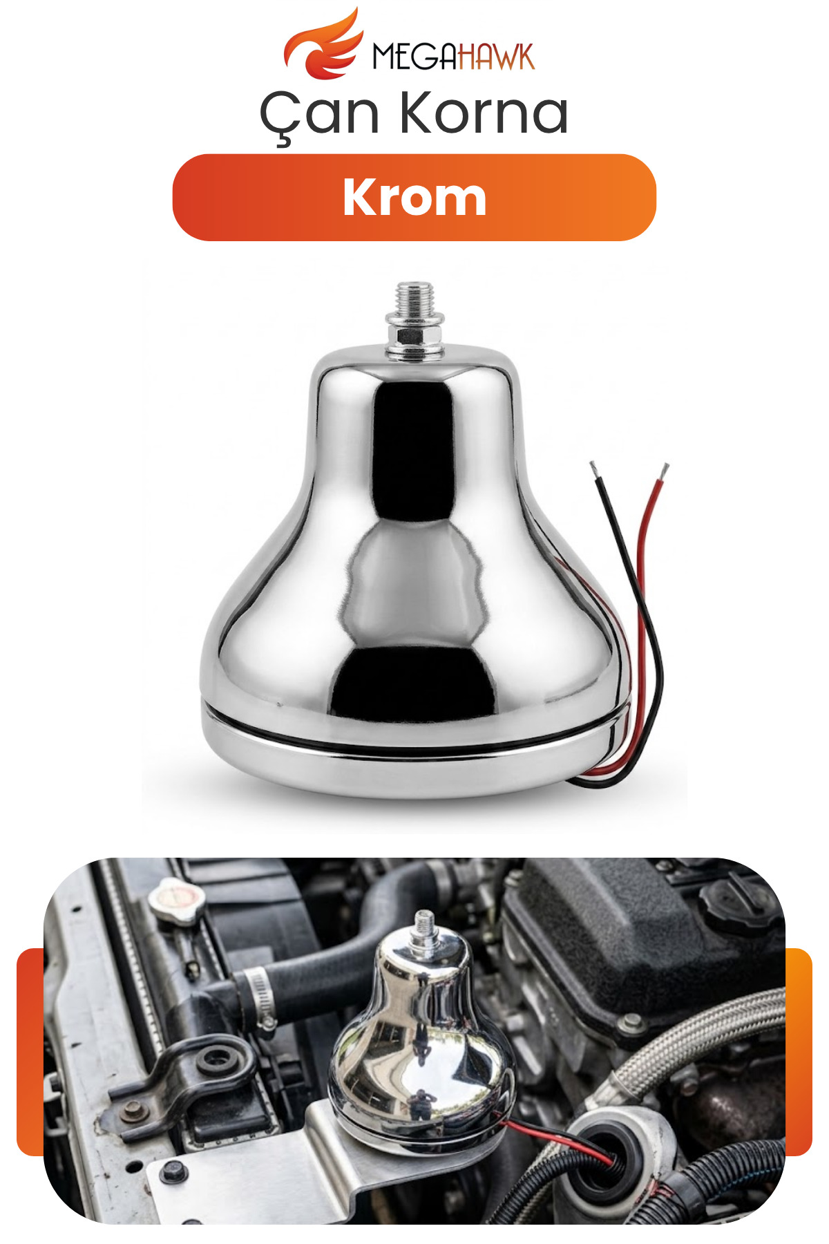 MEGAHAWK 12V Krom Çan Korna Metal Gövde Güçlü Ses Evrensel Oto