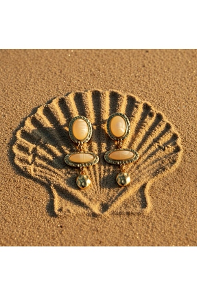 Charis Jewels Gold Kenar Taşlı Bohem Küpe (Krem & Siyah)