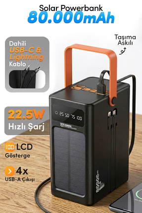 7GO GPW-10 80000mAh Güneş Enerjili Powerbank PD 22.5W Hızlı Şarj – Dahili Kab...