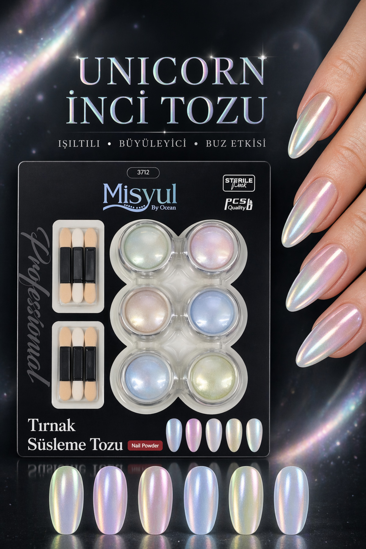 Misyul Unicorn İnci Tozu Seti Aurora Krom Efektli Tırnak Süsleme