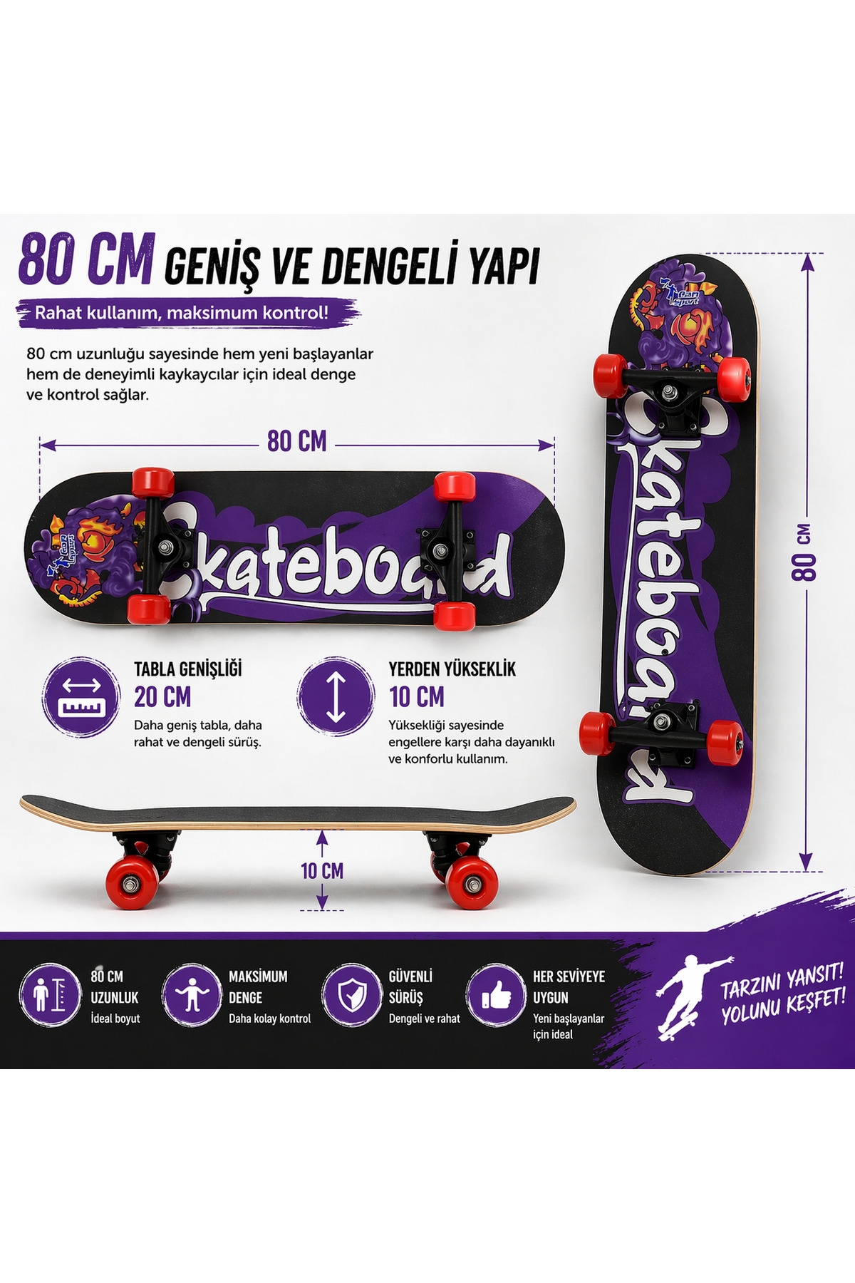 Janissary 80 Cm Mor Skateboard Kaykay Kırmızı Teker Çocuk Genç