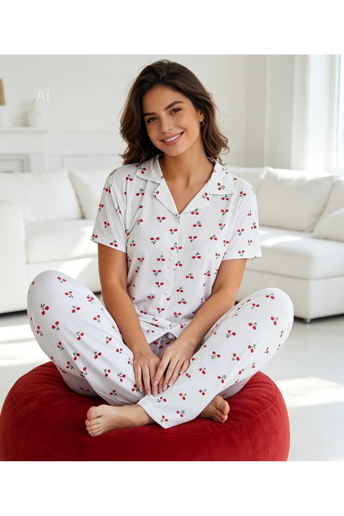 NiCe İç Giyim Cherry Patterned Shirt Collar Buttoned Short Sleeve