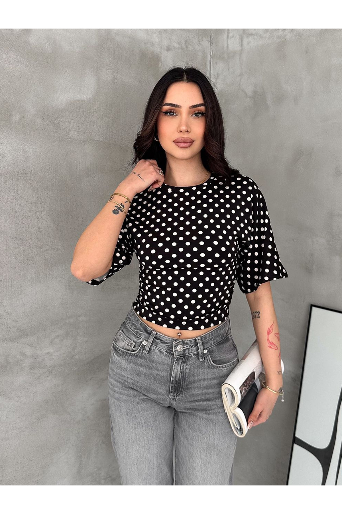 ❤︎nao ❤︎ Noa Noa Kadın Puantiyeli Crop Bluz – Kısa Kollu Beyaz Şık Crop Top