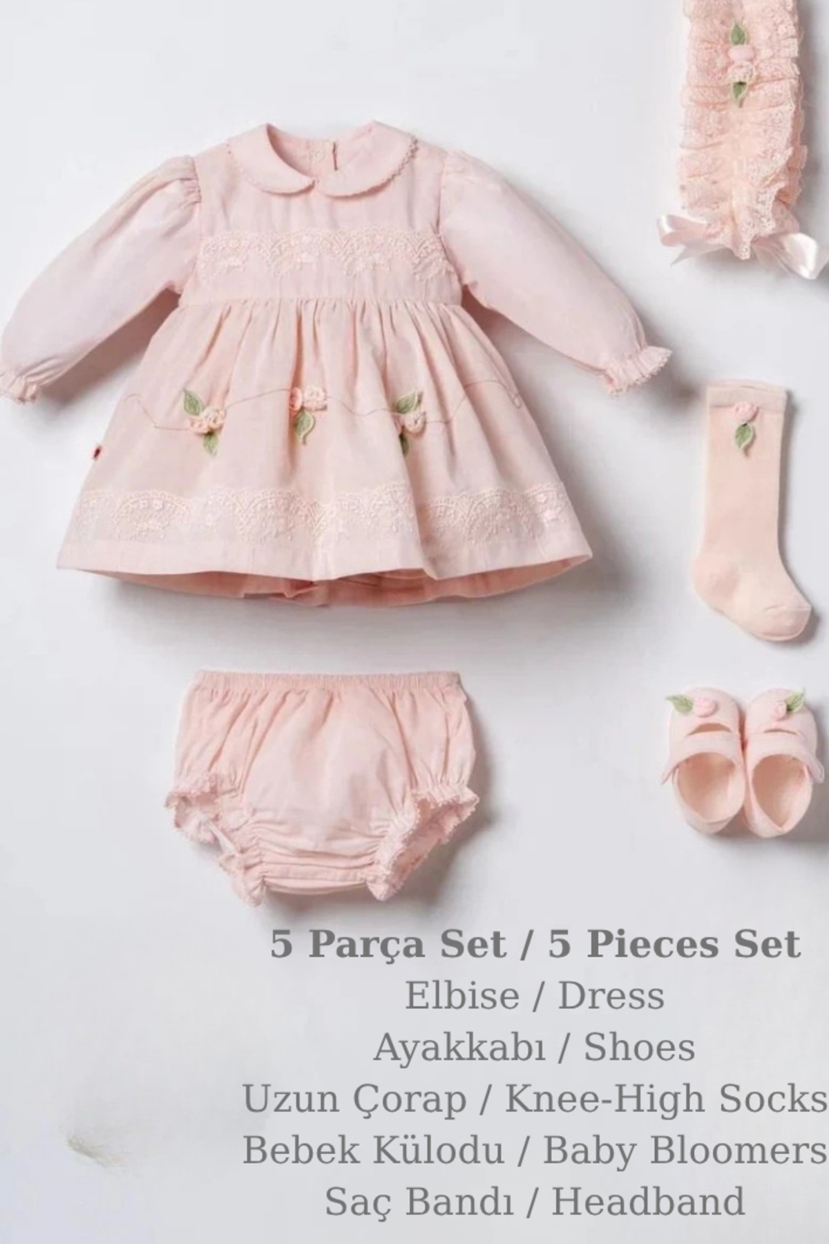 Baby Girl Special Day Dress Ribbon Embroidery Rose Detailed Luxury Gift Box Set-5pcs
