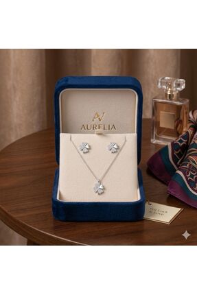 Metay Silver Zİrkon Taşlı Hediyelik Yonca Küpe Ve Kolye 925 Ayar Gümüş Set