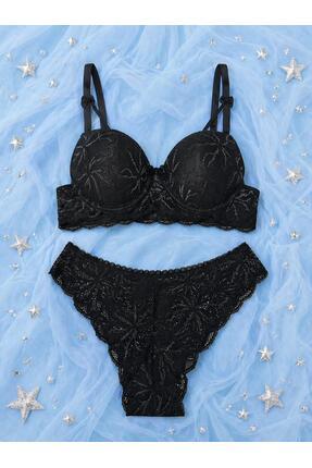 Luvia Lingerie siyah gümüş işlemeli 2'li iç çamaşırı takımı