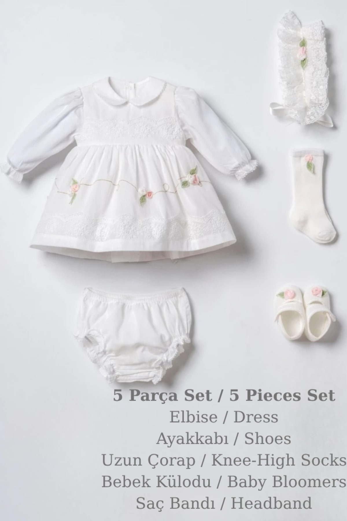 Baby Girl Special Day Dress Ribbon Embroidery Rose Detailed Luxury Gift Box Set-5pcs