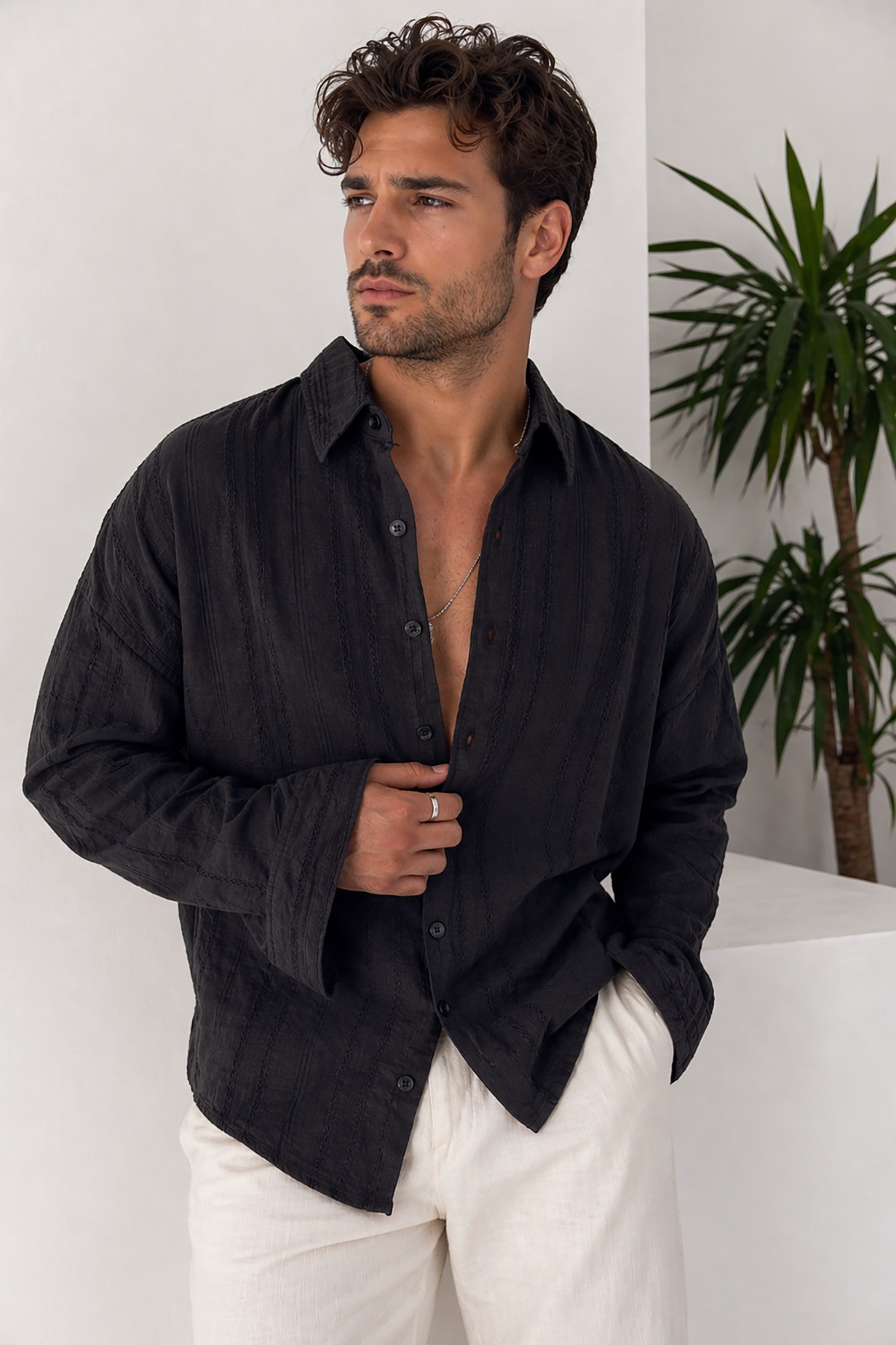 Premium Textured Oversize Black Men's Shirt