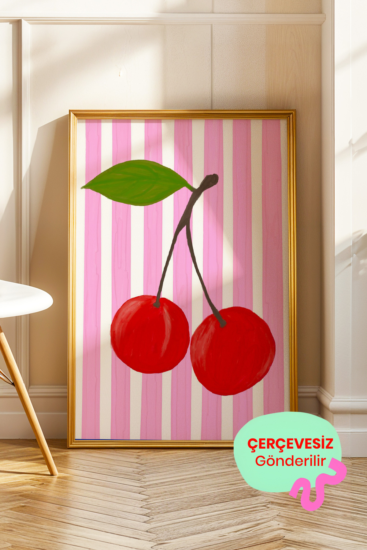 Kırmızı Kiraz Poster Çizgili Zemin Pop Art Modern Mutfak Duvar Dekoru Çerçevesiz