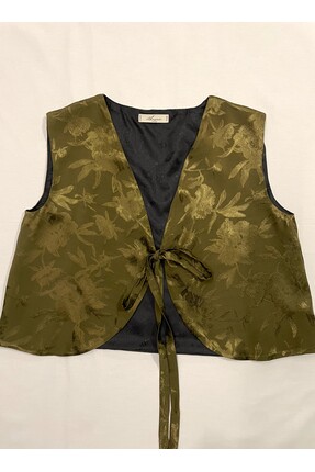 Ahuvan Vintage Haki Renk Jakarlı İpek Yelek