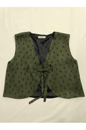 Ahuvan Vintage İpek Cupra Yonca Desen Haki Yelek