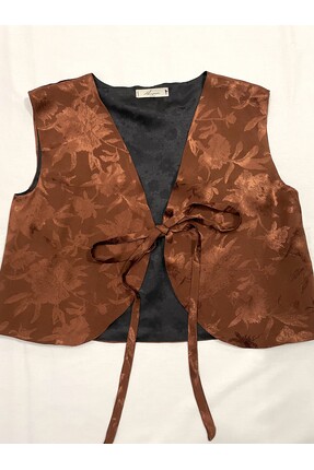 Ahuvan Vintage Kiremit Rengi Jakarlı İpek Yelek