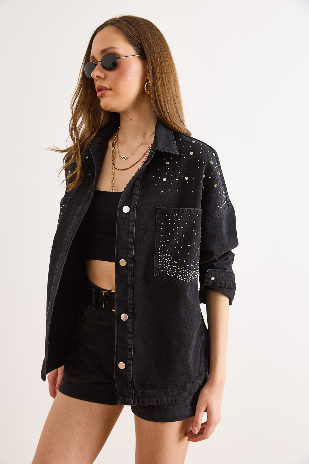 Olalook  Kadın Siyah Boncuk ve Taş Detaylı Oversize Denim Ceket CKT-19000433 - Görsel 5