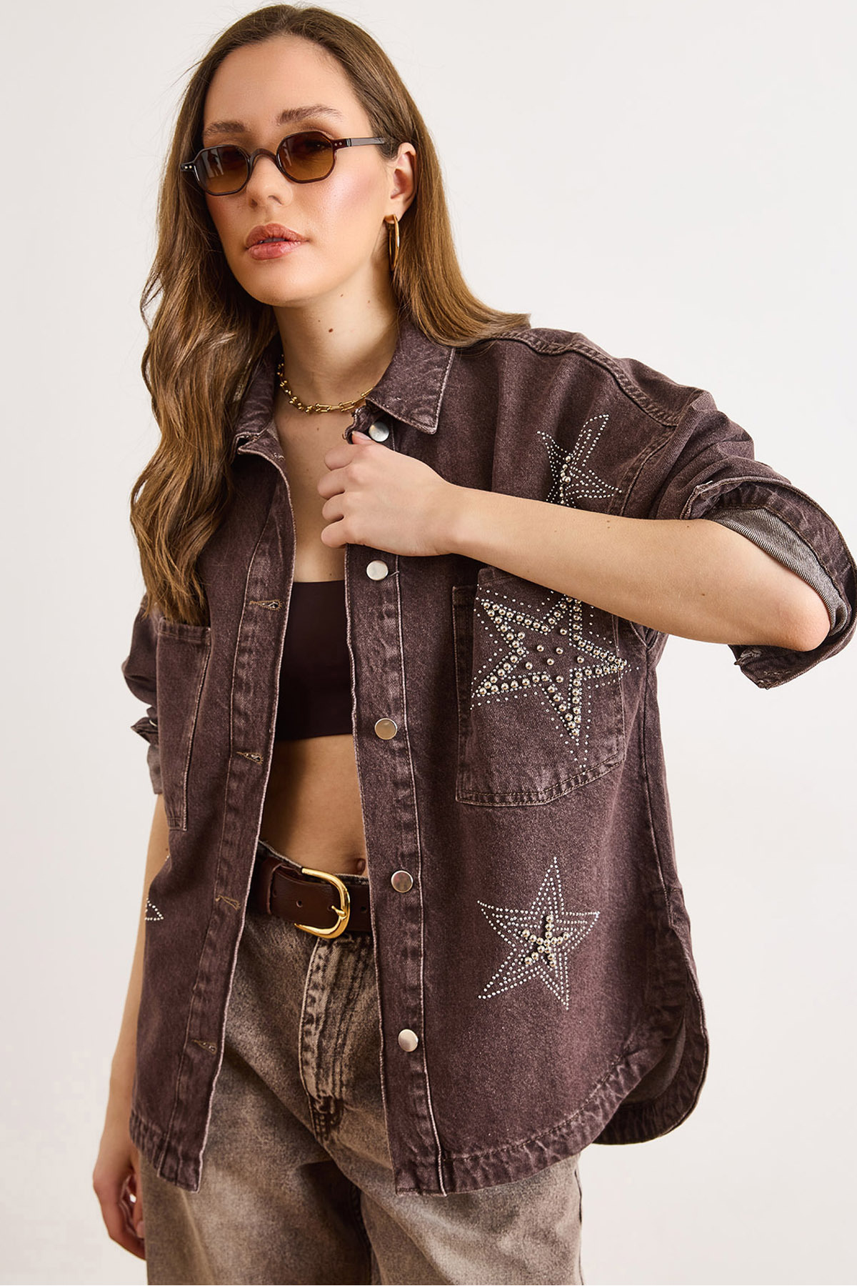 Women's Brown Beads Star Detailed Double Pocket Shirt JacketCKT-19000454