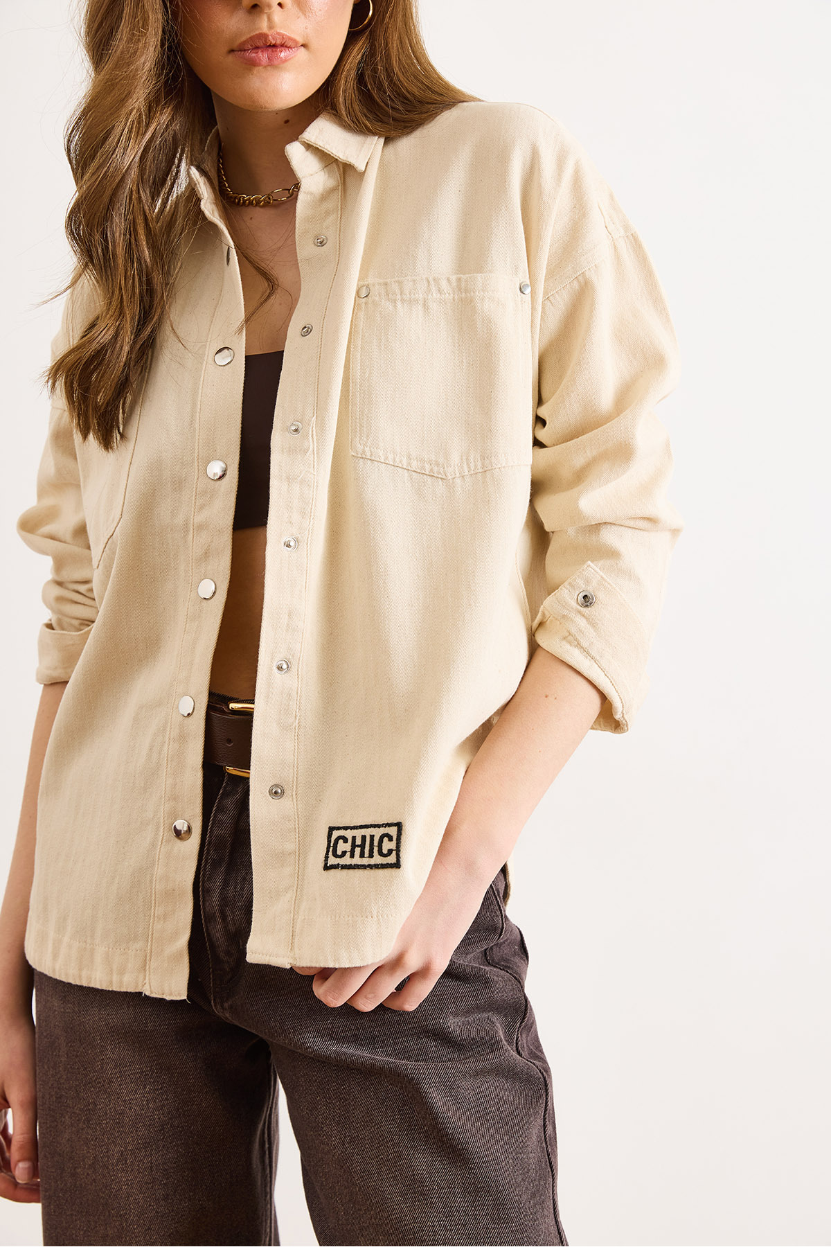 Olalook Kadın Krem Nakışlı Gabardin Gömlek GML-19001449 görsel 5